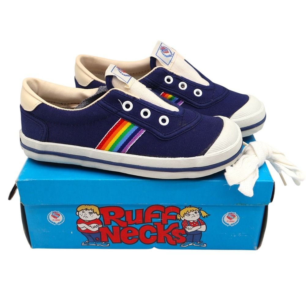 AAU Ruff Necks Scooter Shoes 10.5 Vintage Deadstock Navy Rainbow Canvas Sneakers